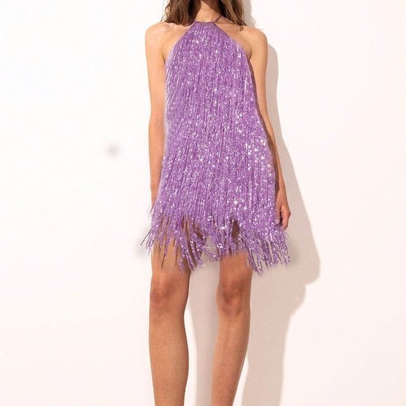 . Dresses & Skirts - Purple Party Womens Fringe Hem Sequin Halter Dress